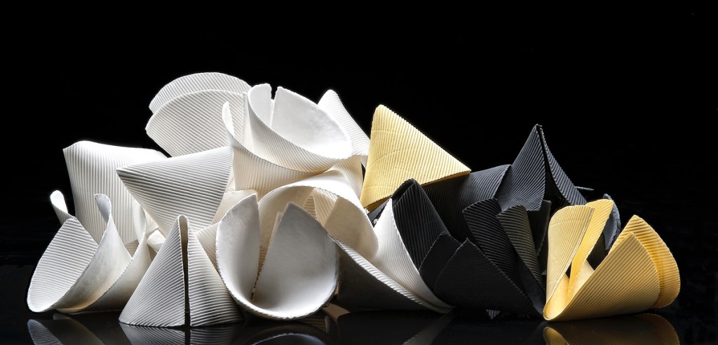 Titania Henderson, Piled Up III (Yellow), 2009, bone china porcelain with black bone china porcelain, 25.0 x 52.0 x 38.0 cm variable